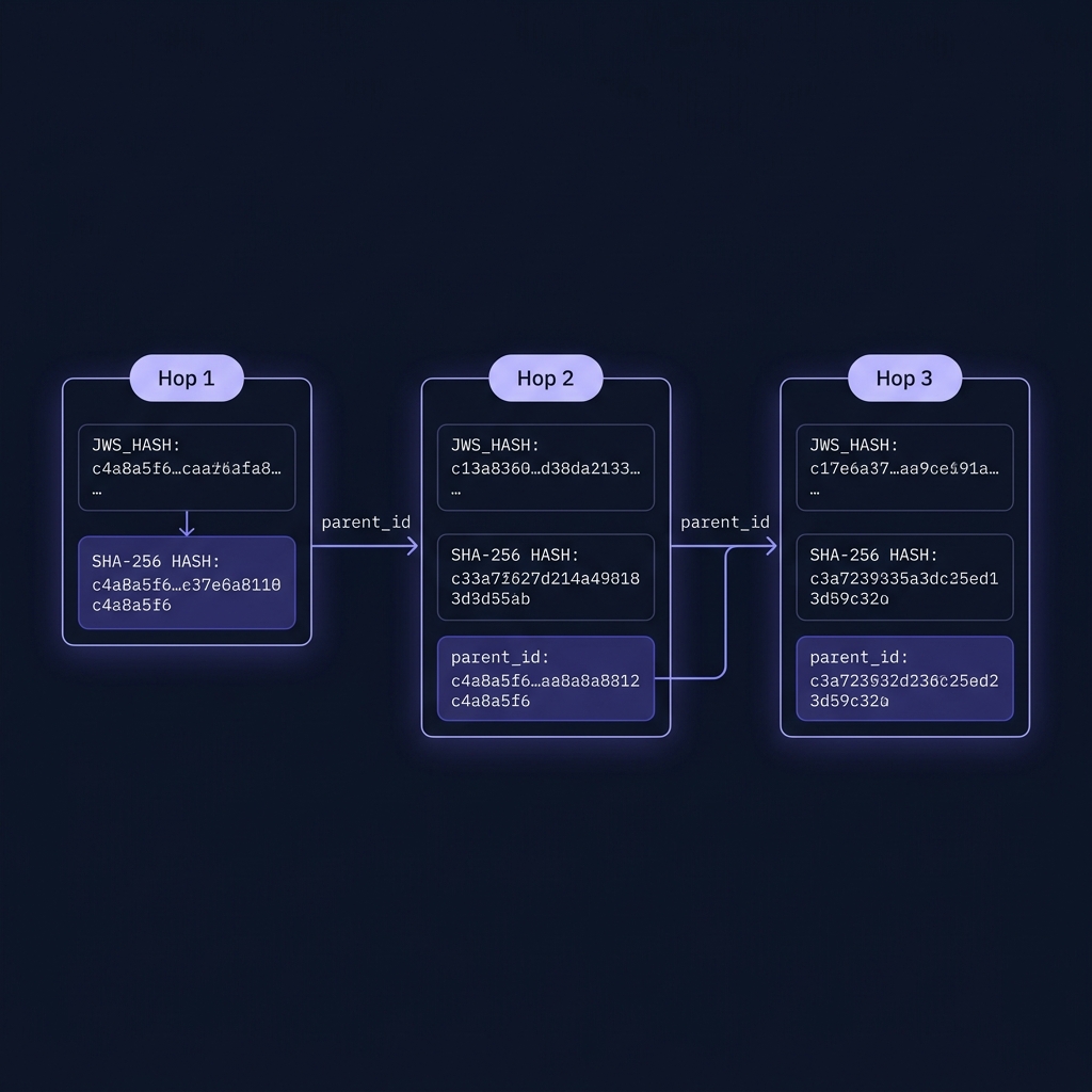 Three execution hops linked by SHA-256 parent hashes forming a Merkle chain