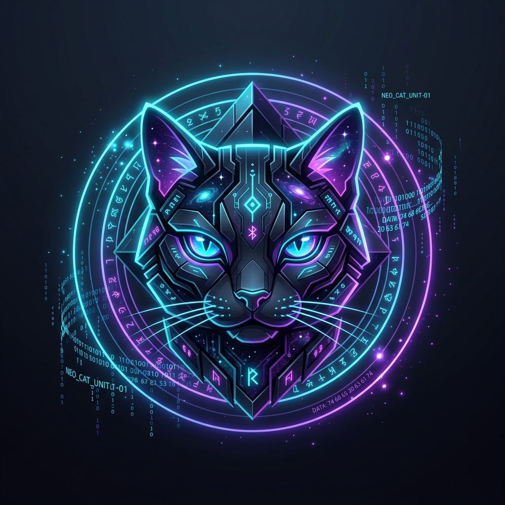 A futuristic glowing floating cat avatar, its design inspired by a sleek, dark geometric monolith and zero-g floating rings defying gravity. The cat features deep space stellar colors, cyan and deep purple, surrounded by floating abstract code streams and cybernetic elements. High quality, symmetrical, flat dark background, profile picture.