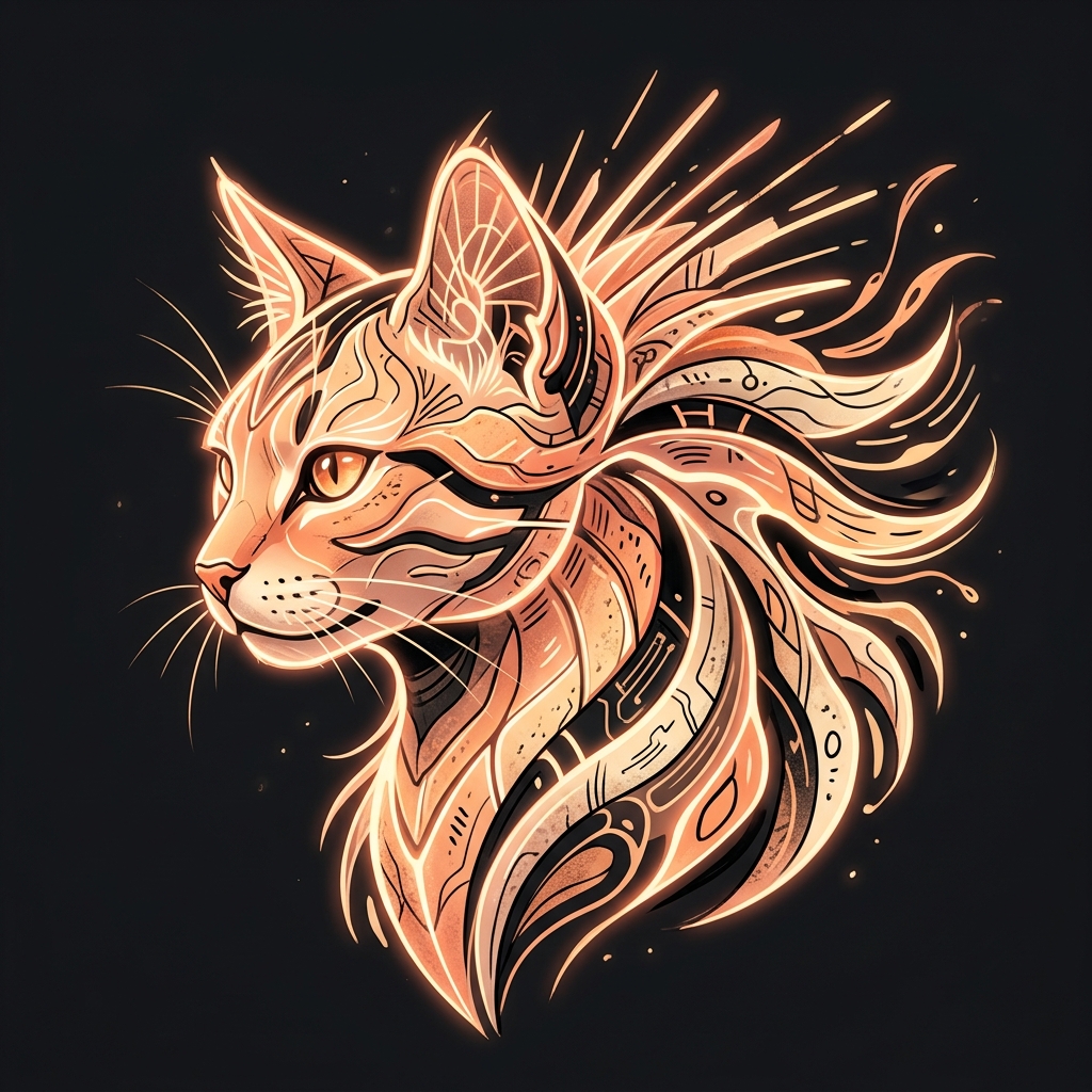 A futuristic glowing cat avatar, its design inspired by an abstract, organic pinwheel or starburst shape. The cat features an apricot, peach, beige, and black color palette, with slightly asymmetrical, hand-drawn, humanistic cybernetic plating. High quality, flat dark background, profile picture style.