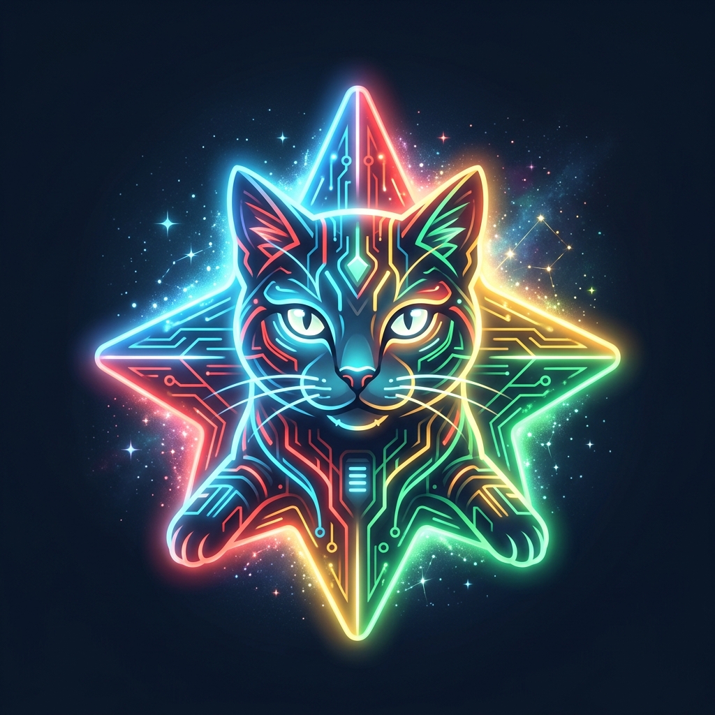 A futuristic glowing cat avatar, its design inspired by a dynamic four-pointed star or sparkle shape. The cat features a soft, rounded, magical aura, incorporating Google's four-color palette of blue, red, yellow, and green with cybernetic elements. High quality, symmetrical, flat dark background, profile picture style.