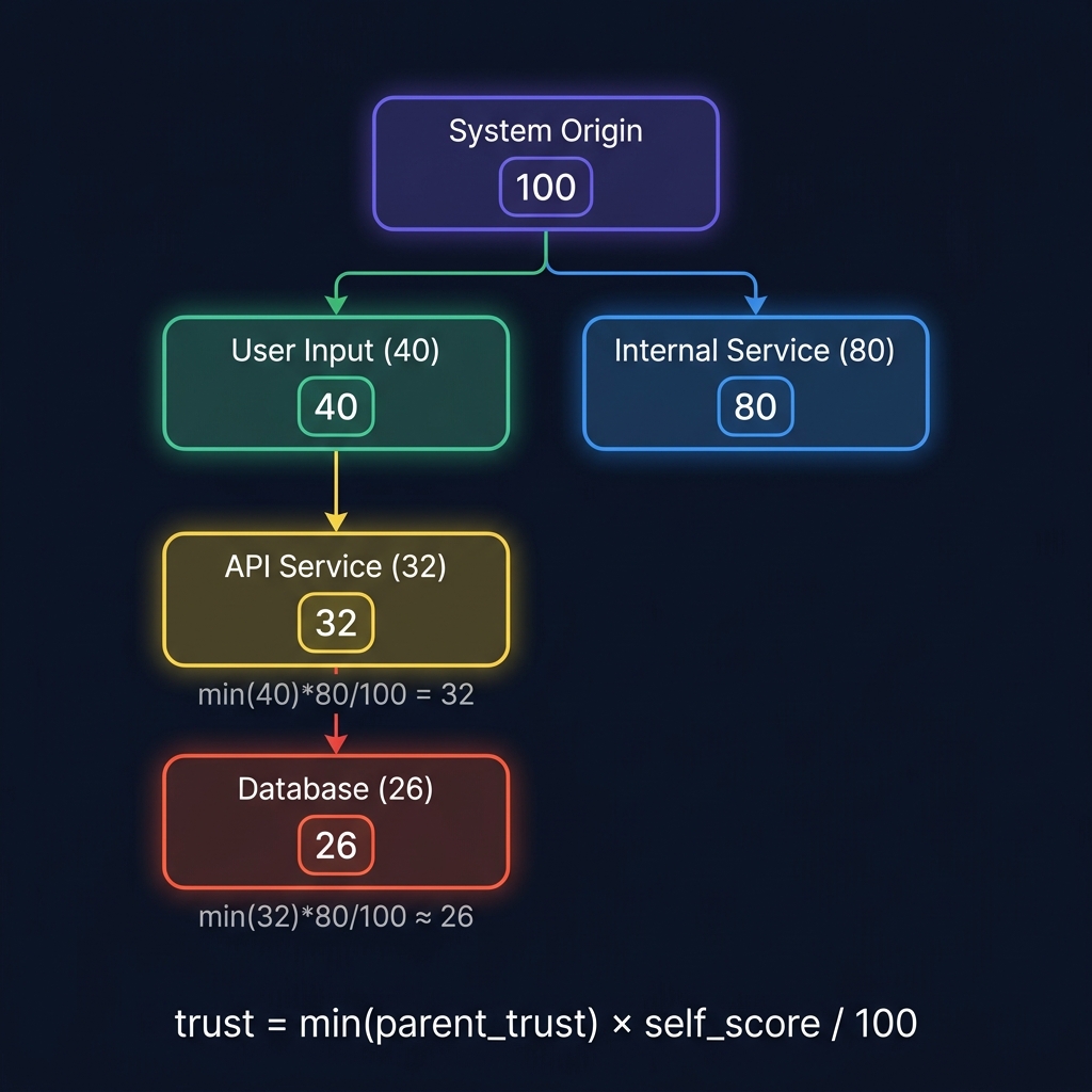 Trust score propagation showing degradation through a service chain