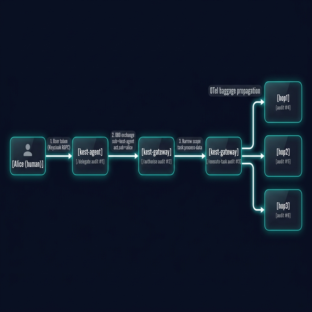 Gateway E2E delegation flow — Alice → Agent → Gateway → downstream hops